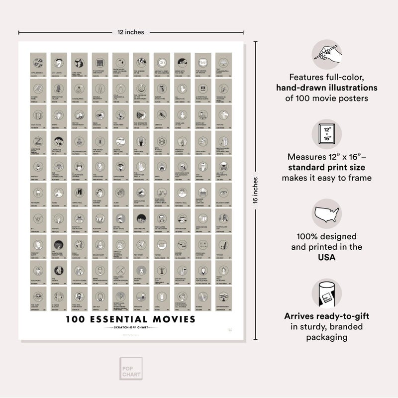 Pop Chart Lab Pop Chart | 100 Essential Movies Scratch-Off Chart | 12" x 16" Scratch-Off Poster | Original Bucket List Poster of Must-See Movies | Featured in Wirecutter and on Huckberry - Image 2
